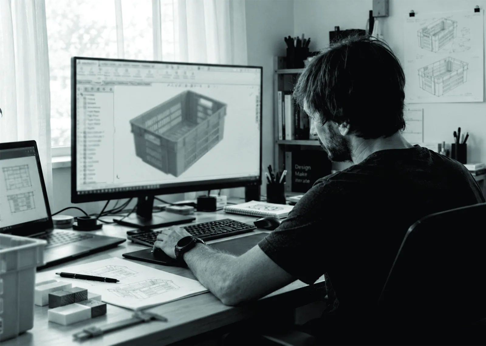 Designer working on the 3D model of a crate at the studio